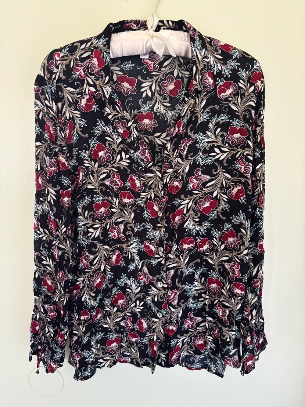 J. Jill Black Blouse with Burgundy & Ivory Floral Print